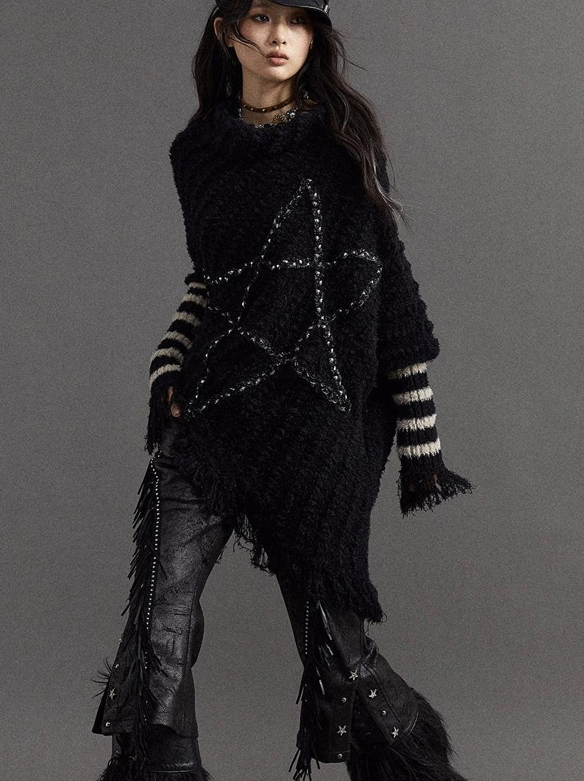 Vintage Punk Star Striped Loose Knit Sweater Women