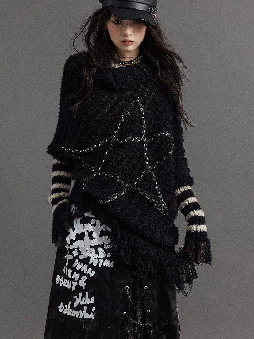 Vintage Punk Star Striped Loose Knit Sweater Women