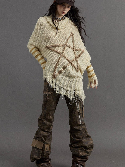 Vintage Punk Star Striped Loose Knit Sweater Women