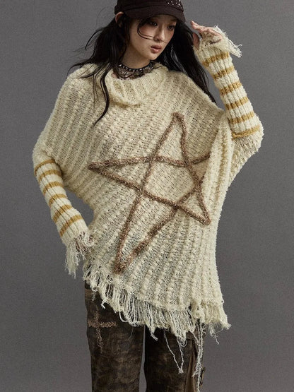 Vintage Punk Star Striped Loose Knit Sweater Women