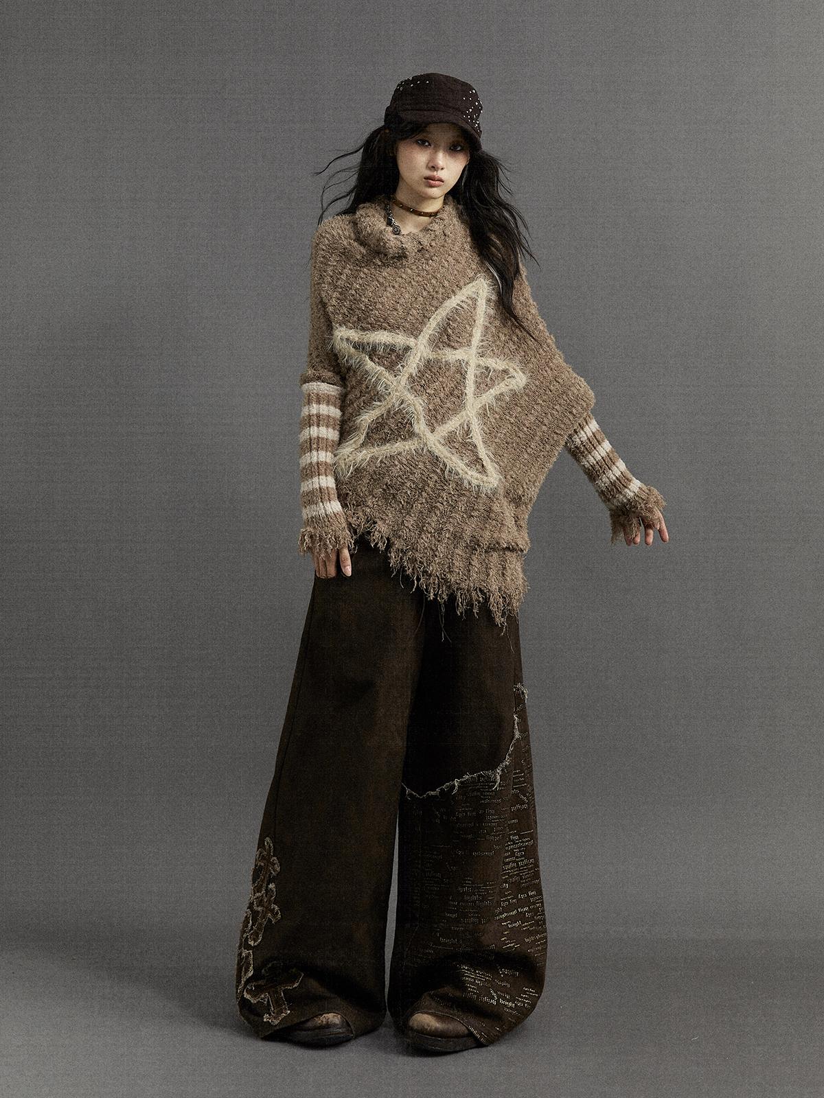 Vintage Punk Star Striped Loose Knit Sweater Women