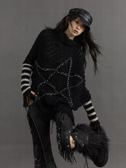 Vintage Punk Star Striped Loose Knit Sweater Women