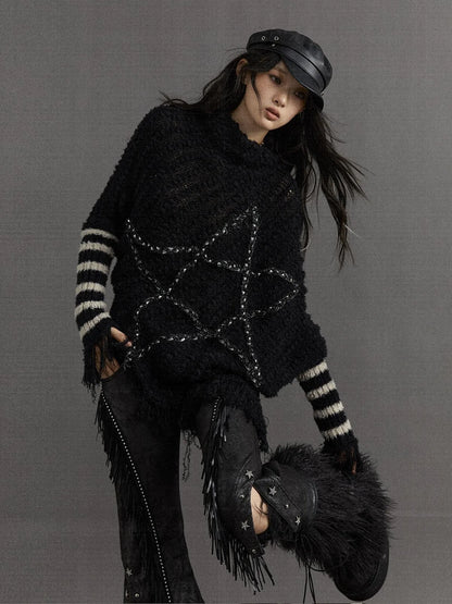 Vintage Punk Star Striped Loose Knit Sweater Women