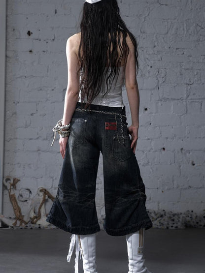 NO ROMANCE Vintage Punk Street Distressed Embroidered Wide Leg Cropped Jeans