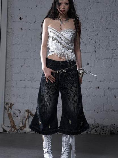 NO ROMANCE Vintage Punk Street Distressed Embroidered Wide Leg Cropped Jeans
