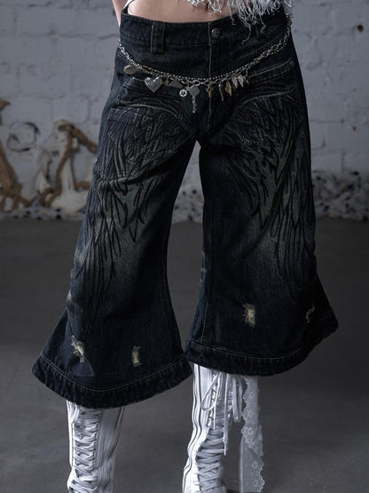 NO ROMANCE Vintage Punk Street Distressed Embroidered Wide Leg Cropped Jeans