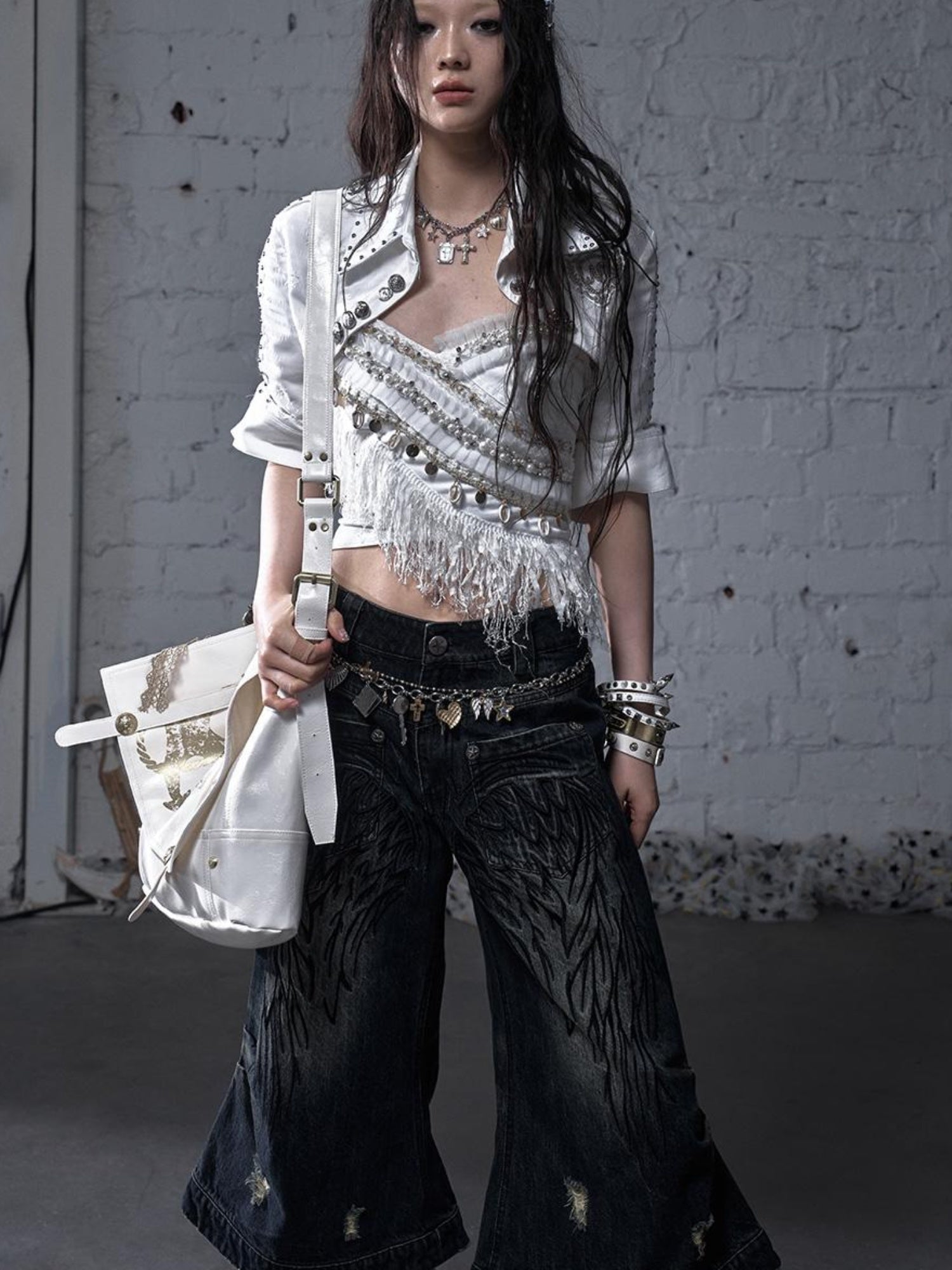 NO ROMANCE Vintage Punk Street Distressed Embroidered Wide Leg Cropped Jeans