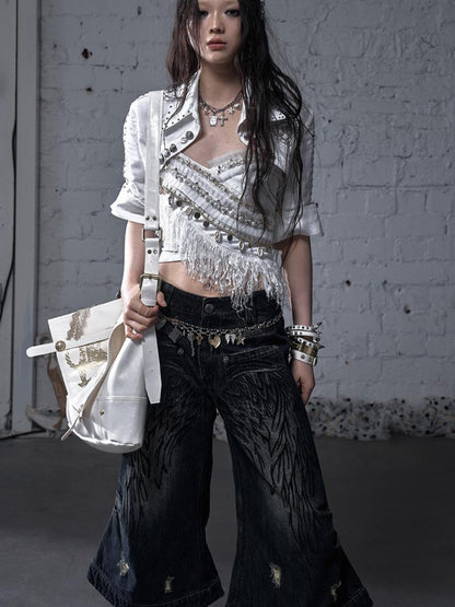NO ROMANCE Vintage Punk Street Distressed Embroidered Wide Leg Cropped Jeans