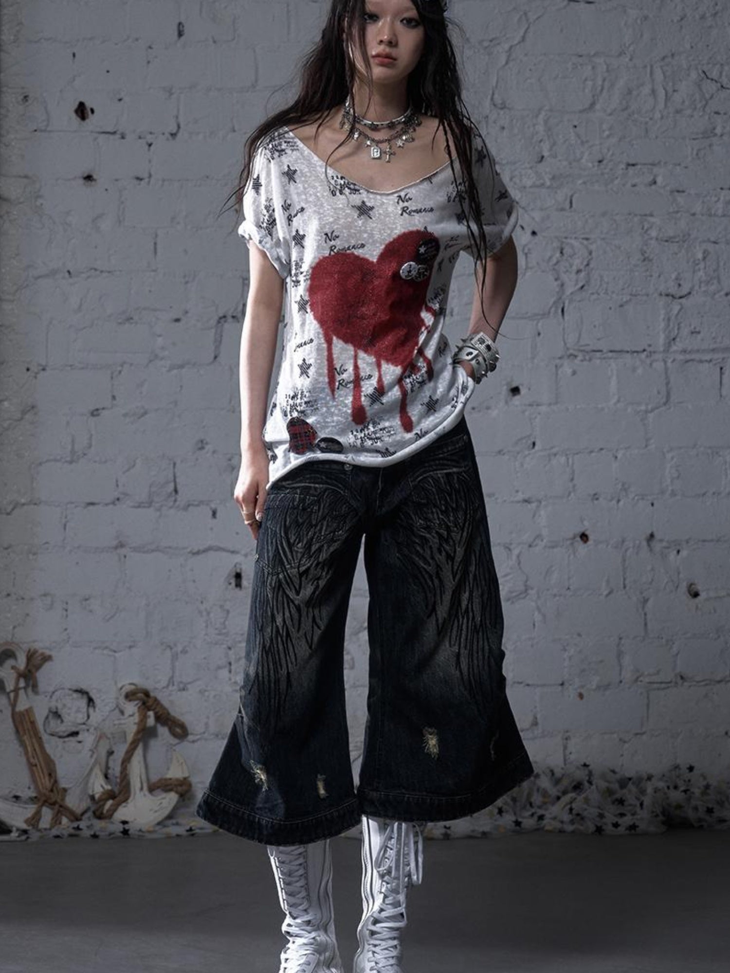 NO ROMANCE Vintage Punk Street Distressed Embroidered Wide Leg Cropped Jeans