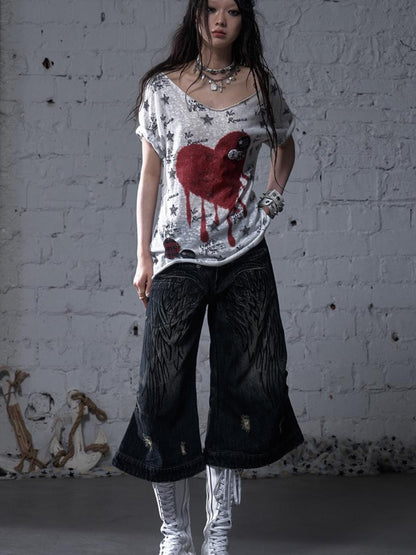 NO ROMANCE Vintage Punk Street Distressed Embroidered Wide Leg Cropped Jeans