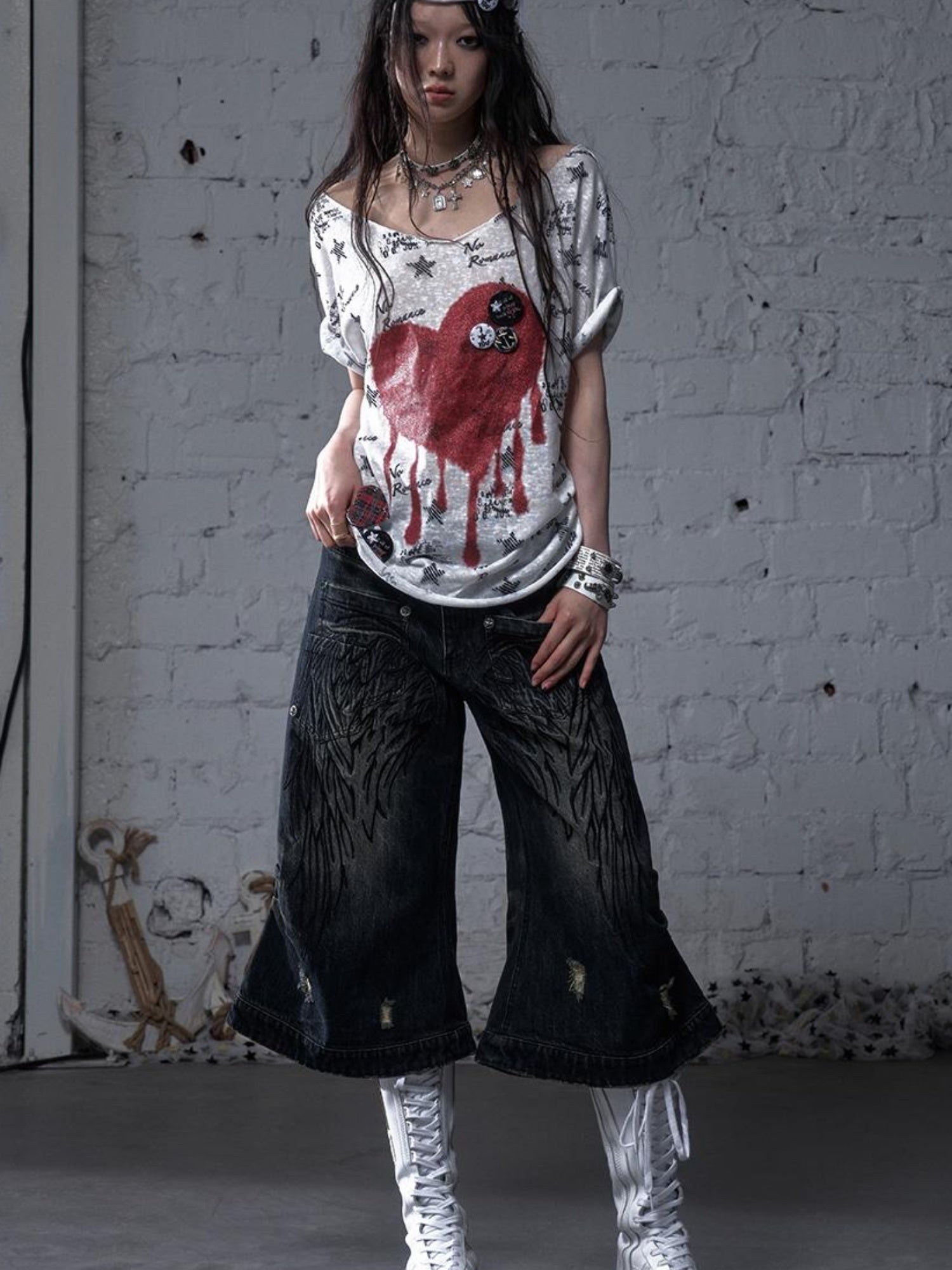 NO ROMANCE Vintage Punk Street Distressed Embroidered Wide Leg Cropped Jeans