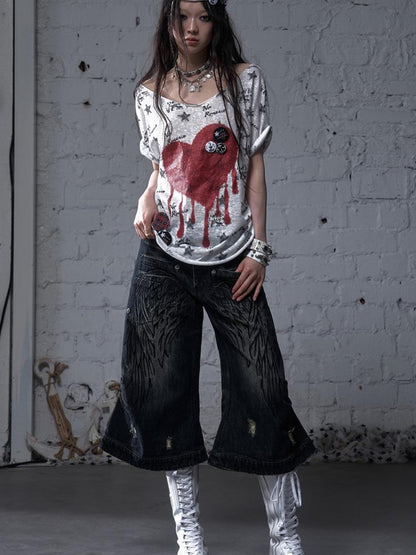 NO ROMANCE Vintage Punk Street Distressed Embroidered Wide Leg Cropped Jeans