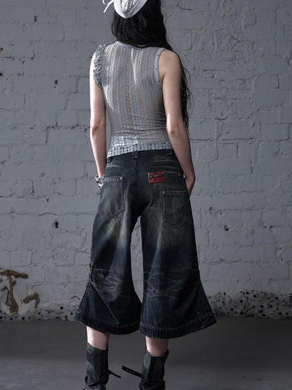 NO ROMANCE Vintage Punk Street Distressed Embroidered Wide Leg Cropped Jeans