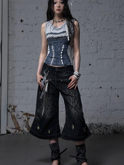 NO ROMANCE Vintage Punk Street Distressed Embroidered Wide Leg Cropped Jeans