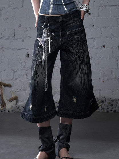 NO ROMANCE Vintage Punk Street Distressed Embroidered Wide Leg Cropped Jeans