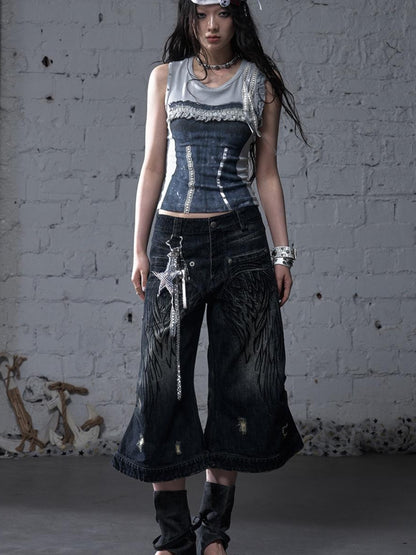 NO ROMANCE Vintage Punk Street Distressed Embroidered Wide Leg Cropped Jeans
