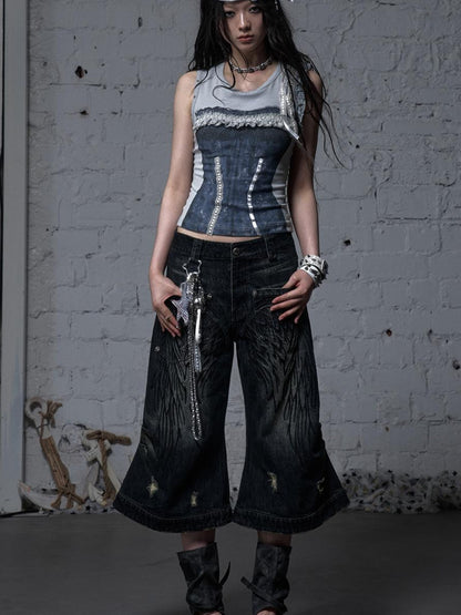 NO ROMANCE Vintage Punk Street Distressed Embroidered Wide Leg Cropped Jeans