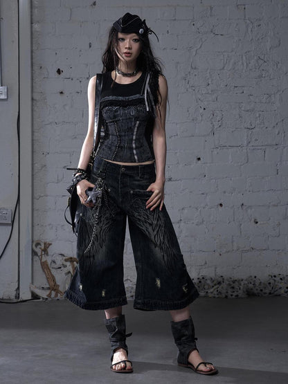 NO ROMANCE Vintage Punk Street Distressed Embroidered Wide Leg Cropped Jeans
