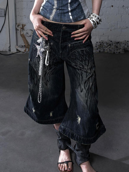 NO ROMANCE Vintage Punk Street Distressed Embroidered Wide Leg Cropped Jeans