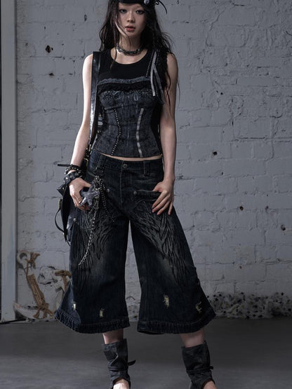 NO ROMANCE Vintage Punk Street Distressed Embroidered Wide Leg Cropped Jeans
