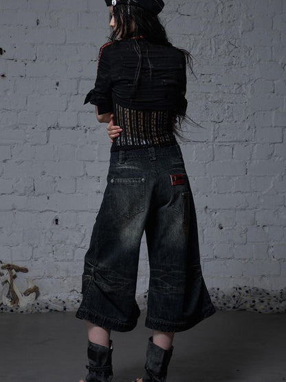 NO ROMANCE Vintage Punk Street Distressed Embroidered Wide Leg Cropped Jeans