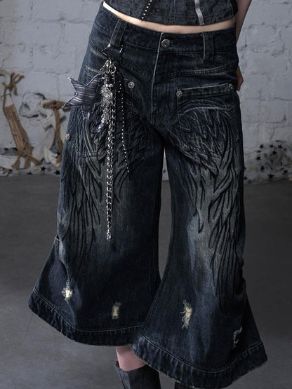 NO ROMANCE Vintage Punk Street Distressed Embroidered Wide Leg Cropped Jeans