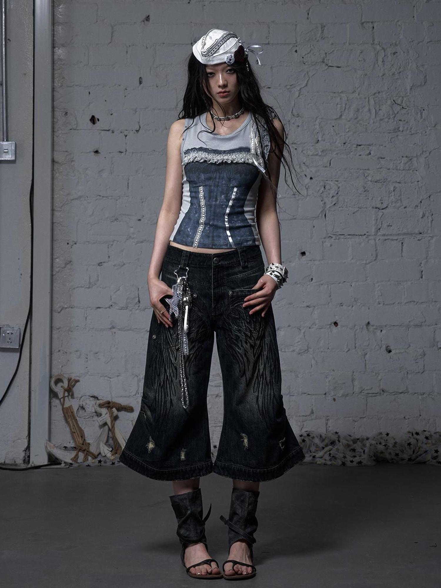 NO ROMANCE Vintage Punk Street Distressed Embroidered Wide Leg Cropped Jeans