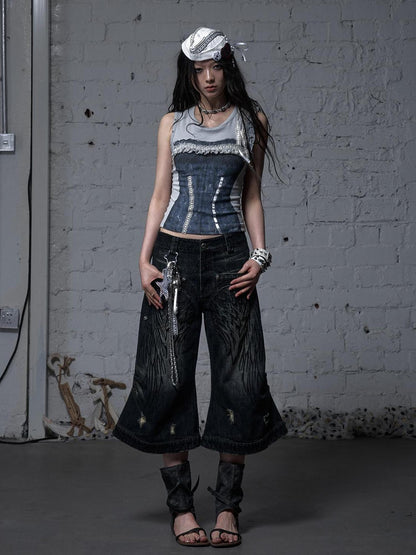 NO ROMANCE Vintage Punk Street Distressed Embroidered Wide Leg Cropped Jeans
