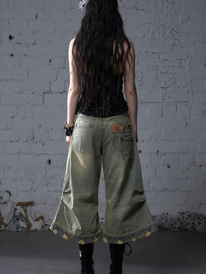 NO ROMANCE Vintage Punk Street Distressed Embroidered Wide Leg Cropped Jeans