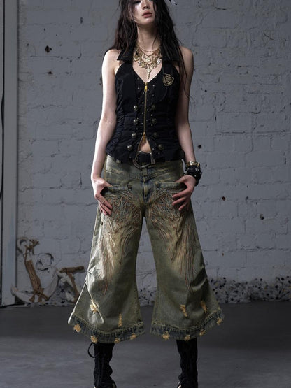NO ROMANCE Vintage Punk Street Distressed Embroidered Wide Leg Cropped Jeans