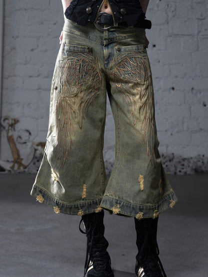 NO ROMANCE Vintage Punk Street Distressed Embroidered Wide Leg Cropped Jeans