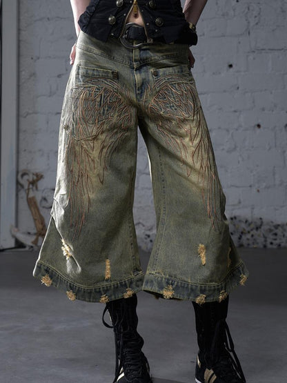 NO ROMANCE Vintage Punk Street Distressed Embroidered Wide Leg Cropped Jeans