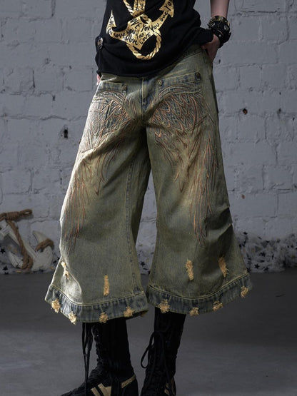 NO ROMANCE Vintage Punk Street Distressed Embroidered Wide Leg Cropped Jeans