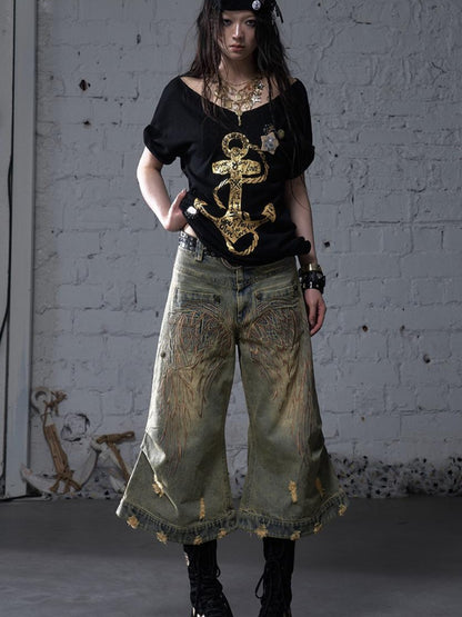 NO ROMANCE Vintage Punk Street Distressed Embroidered Wide Leg Cropped Jeans