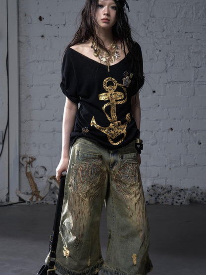 NO ROMANCE Vintage Punk Street Distressed Embroidered Wide Leg Cropped Jeans