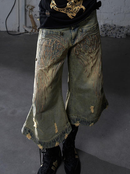 NO ROMANCE Vintage Punk Street Distressed Embroidered Wide Leg Cropped Jeans