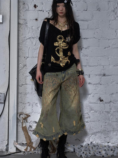 NO ROMANCE Vintage Punk Street Distressed Embroidered Wide Leg Cropped Jeans