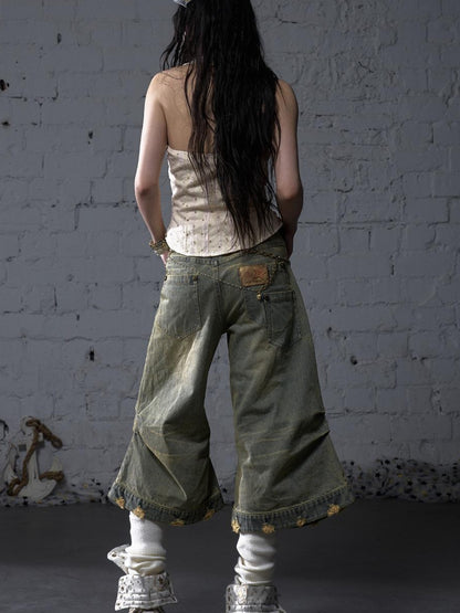 NO ROMANCE Vintage Punk Street Distressed Embroidered Wide Leg Cropped Jeans