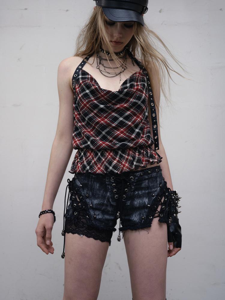 NO ROMANCE Vintage Punk Street Grunge Distressed Low-Rise Shorts