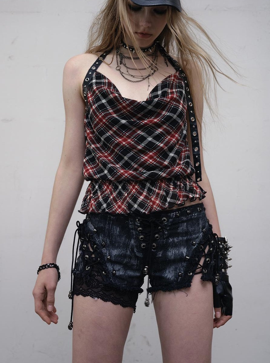 NO ROMANCE Vintage Punk Street Grunge Distressed Low-Rise Shorts