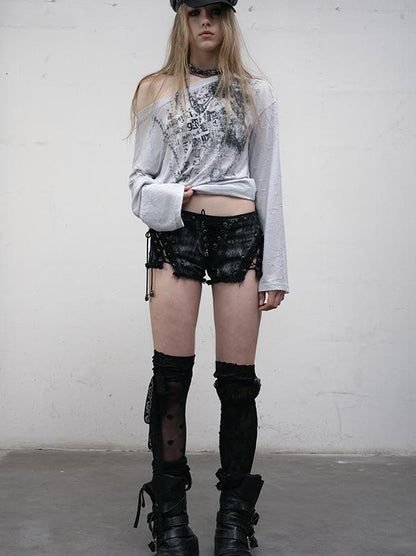 NO ROMANCE Vintage Punk Street Grunge Distressed Low-Rise Shorts