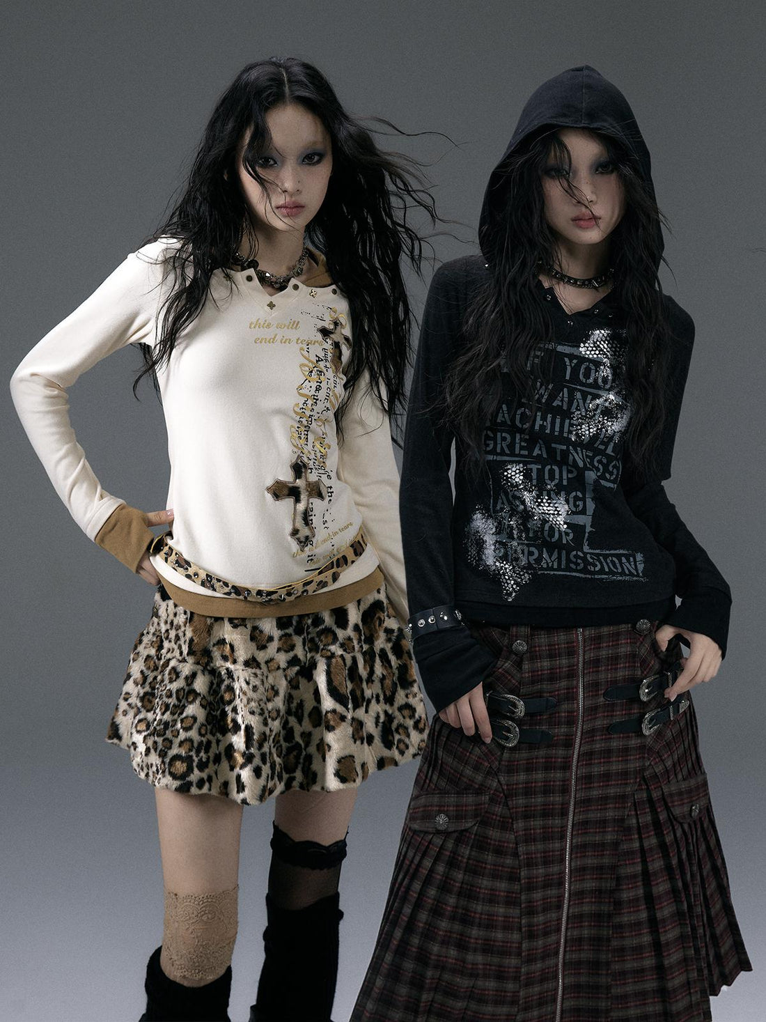 Vintage Punk Street Print Hooded Slim Knit Top