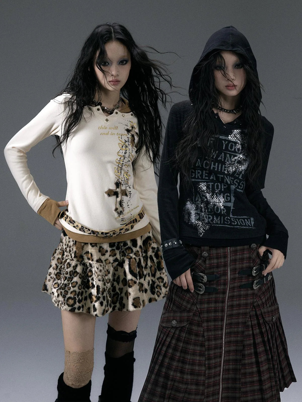 Vintage Punk Street Print Hooded Slim Knit Top