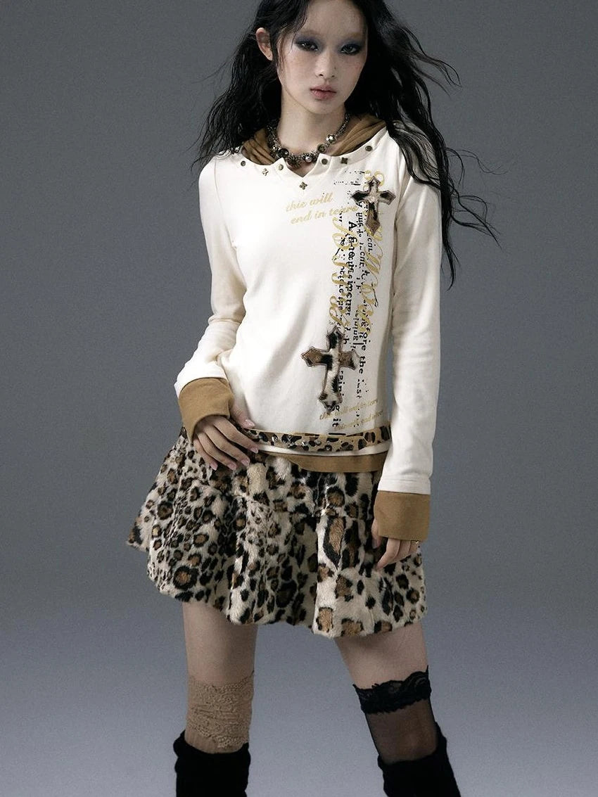 Vintage Punk Street Print Hooded Slim Knit Top