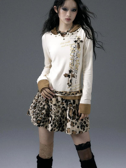 Vintage Punk Street Print Hooded Slim Knit Top