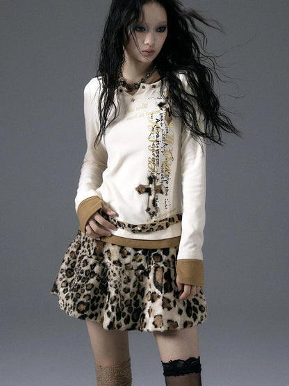 Vintage Punk Street Print Hooded Slim Knit Top