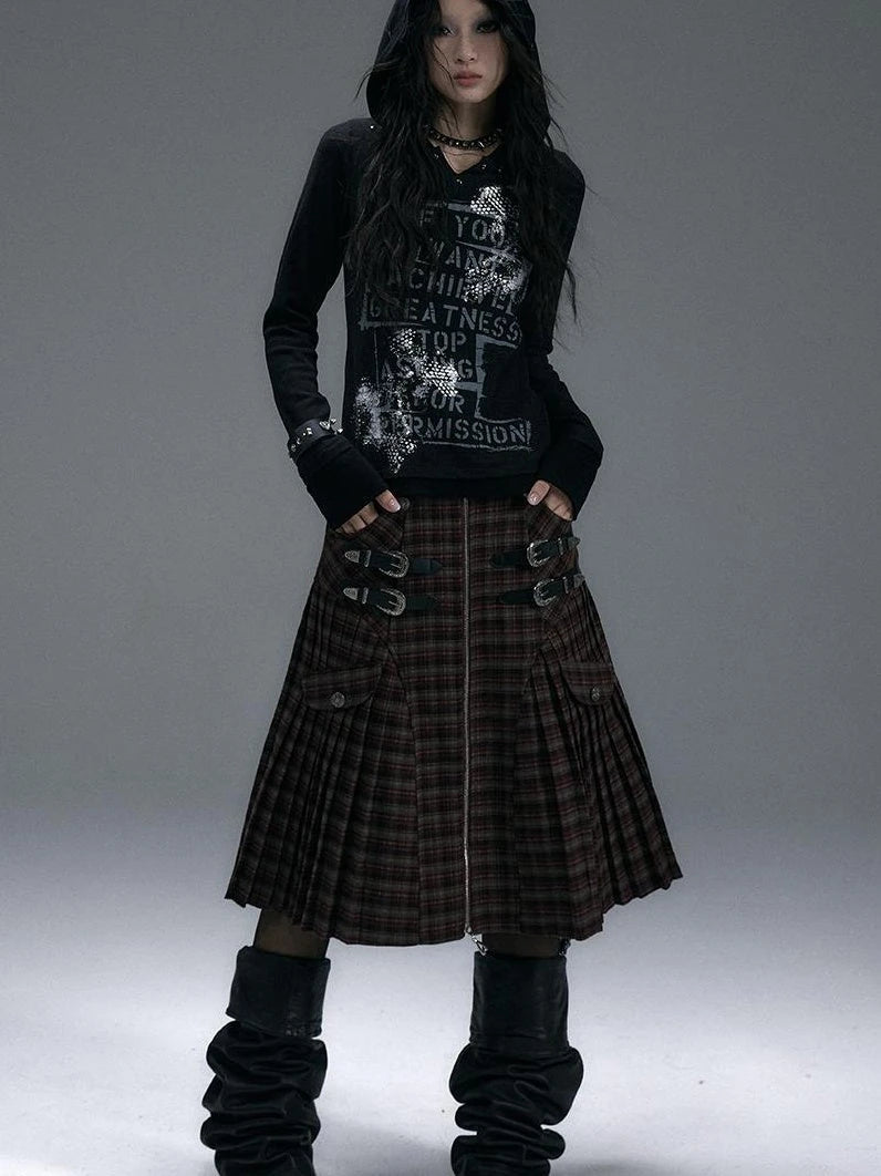 Vintage Punk Street Print Hooded Slim Knit Top