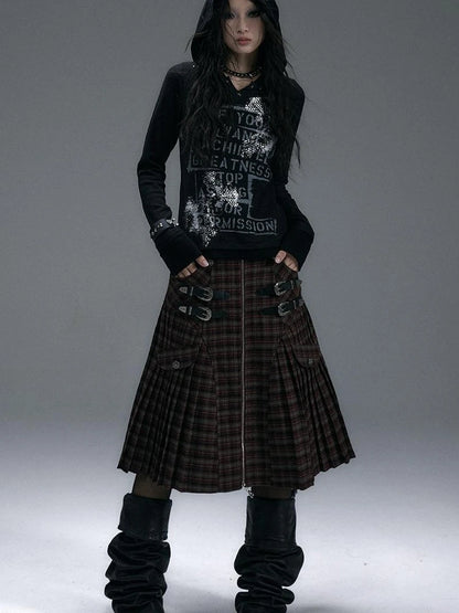 Vintage Punk Street Print Hooded Slim Knit Top