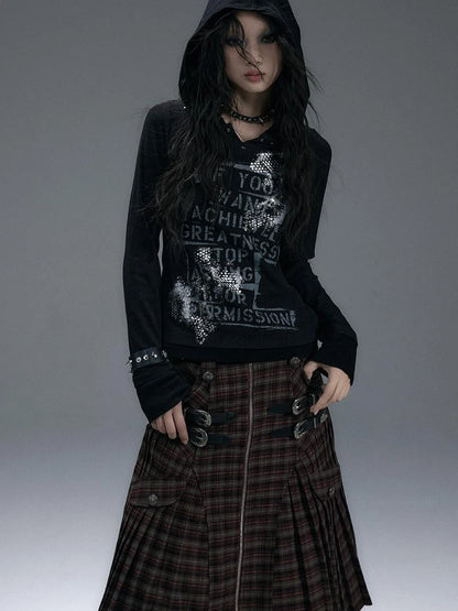 Vintage Punk Street Print Hooded Slim Knit Top