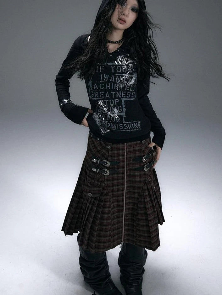 Vintage Punk Street Print Hooded Slim Knit Top